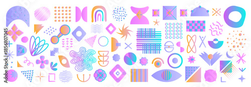 Gradient memphis design, geometric shapes set, brutal primitive figures, vector shapes of y2k big colorful brutalist elements collection