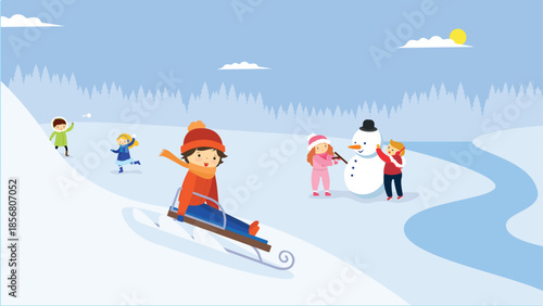 Children having fun on a snow slide. Vector illustration in flat style.