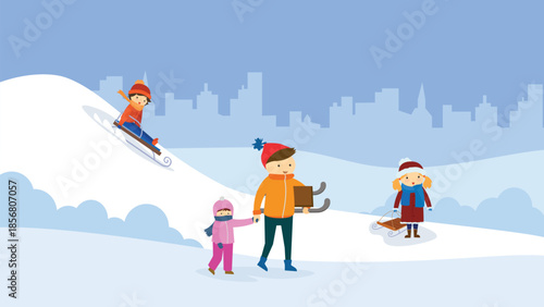 Children skiing in the winter city. Vector illustration in flat style.