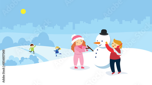 Children playing snowballs in the park. Vector illustration. Flat style.