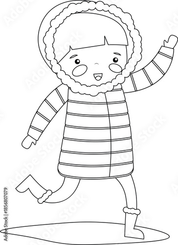 Outline of a little girl in winter clothes, vector illustration, coloring page