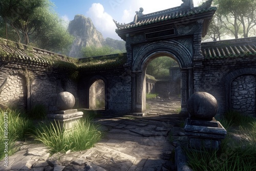 Stone gate with ancient wall and black spheres on grass under blue sky for fantasy game environment concept