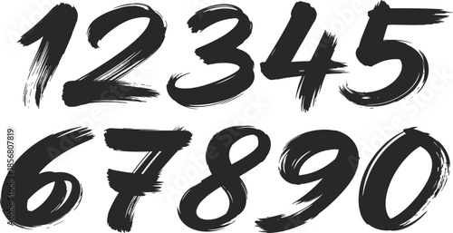 Hand drawn brush stroke number set from zero to nine, black textured ink calligraphy vector