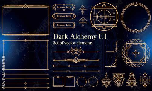 Set of Dark Fantasy Elements for user interface, poster, video. Alchemy magic HUD. Template for rpg game interface. Vector Illustration EPS10