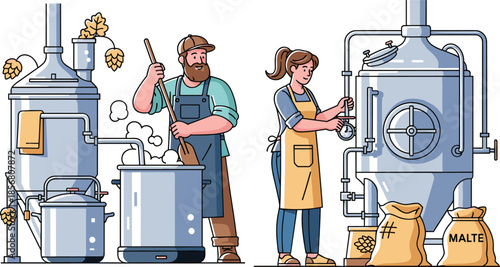 Craft beer brewing process with man stirring pot and woman checking fermenter, home brewery equipment, hops, malt bags, modern illustration