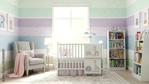 Cozy nursery with pastel stripes and toys displayed