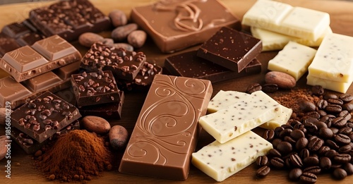Assorted chocolate bars—dark, milk, and white—surrounded by cocoa beans, powder, and coffee beans on wood.