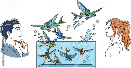 Creative illustration of flying fish leaping from aquarium tank with thoughtful man and curious woman observing surreal aquatic fantasy scene