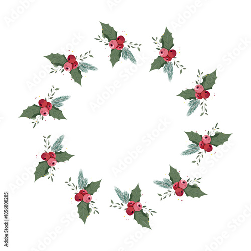 Christmas wreath Pine branch with bows on white background Christmas element Fir tree and Christmas tree decoration Pine tree on light background Vector illustration