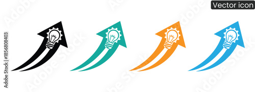 Set of colorful vector icons featuring light bulb with arrow for innovation and creative concepts