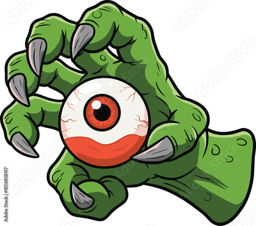 Creepy monster hand holding bloodshot eyeball, horror fantasy illustration, scary Halloween design, spooky creature artwork, cad drawing flat vector illustration