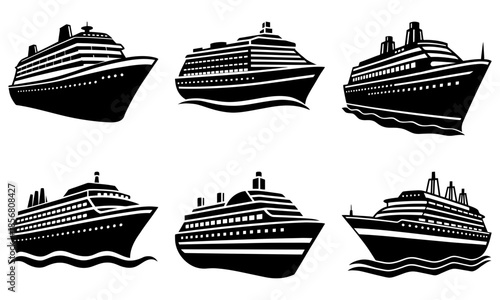 Six Black and White Cruise Ship Silhouettes on White Background ocean liner