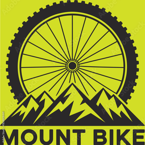 mountain bike wheel and peaks adventure awaits vector illustration rugged trail emblem for mountain biking outdoor sports off-road cyclist logo design.