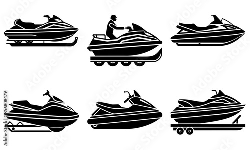Jet Ski Silhouettes on White Background watercraft black and white