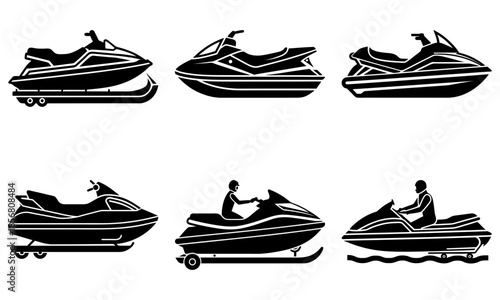 Jet Ski and Snowmobile Silhouettes with Riders on White Background black