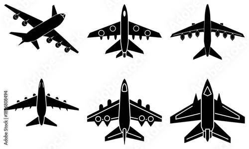 Six Different Types of Airplanes in Silhouette Form on White Background aircraft