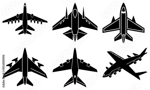 Six Different Types of Airplanes in Black and White Silhouette with Transparent Background aircraft fighter jet
