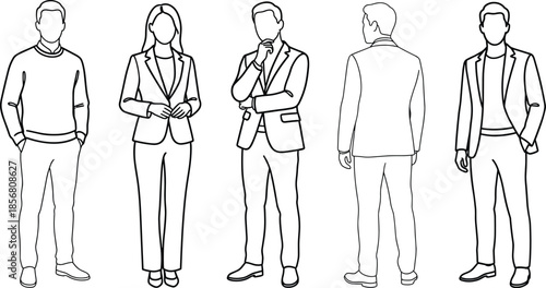 Set of standing business people outlines, vector linear illustration of men and women in suits, isolated on white background.