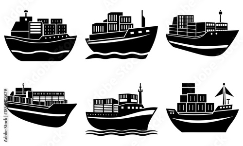 Six Black and White Cargo Ships Silhouettes on Transparent Background container ship