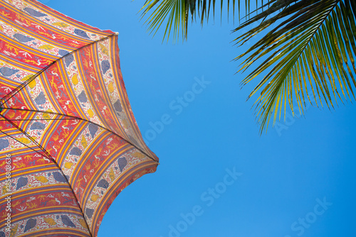 Colorful Beach Umbrella and Palm Leaves Against Blue Sky