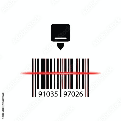 A scanner above a barcode with a red light, displaying a numeric code