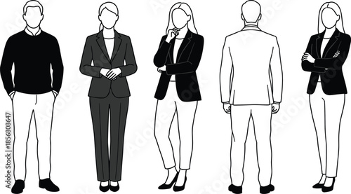 Set of standing business people figures in black suits, vector illustration of corporate men and women, isolated on white background.