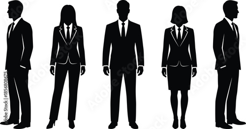 Set of standing business people silhouettes, vector illustration of corporate men and women in suits, isolated on white background.