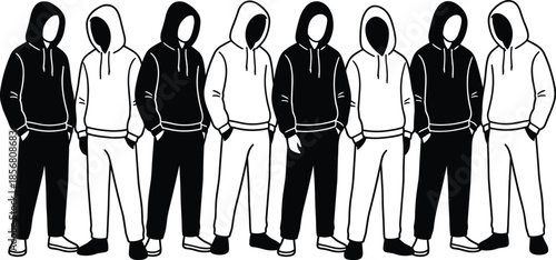 Row of eight anonymous men wearing hoodies and sweatpants, black and white vector illustration of urban streetwear fashion, isolated on white background.