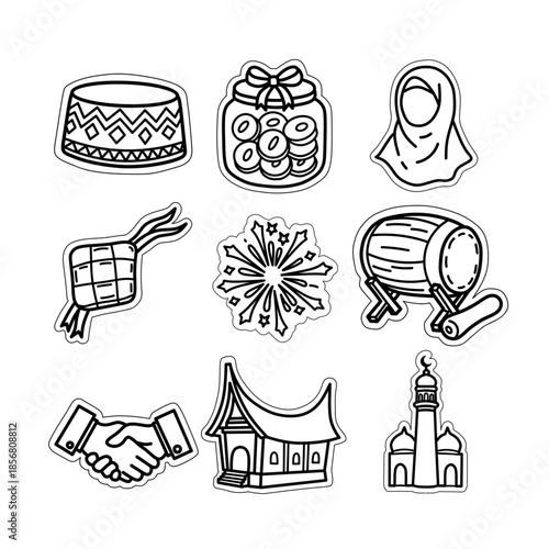 Cute Ramadan and Eid Mubarak Sticker Sheet. Printable vector set of Ketupat, Bedug drum, and Mosque with white border die-cut.