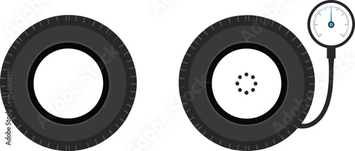 Car tire and air pressure gauge icon set, automotive wheel maintenance and service vector illustration