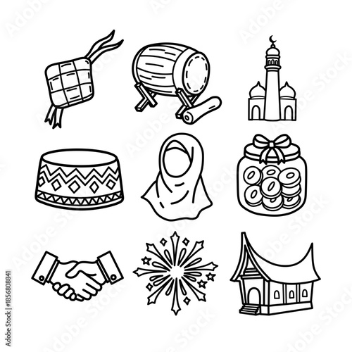 Hand Drawn Ramadan and Eid Doodle Icon Set. Black and white outline vector collection of Islamic symbols and Indonesian Lebaran items.