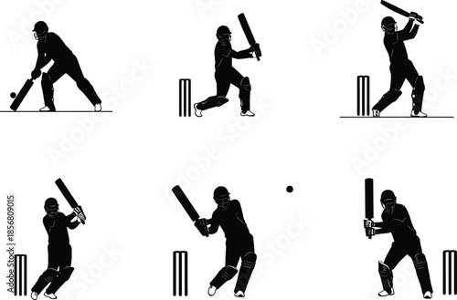 Cricket batsman playing shots, action pose collection, silhouette vector sports illustration set