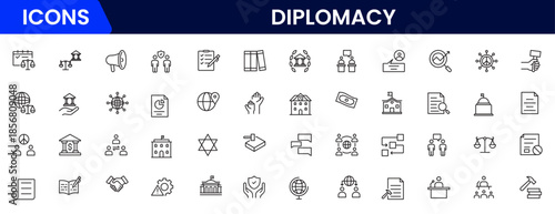 The diplomacy outline icon set comprises spoken and written communication, leaders, diplomats, the international system, and foreign policy. 
