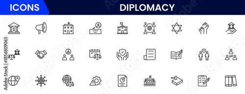 The diplomacy outline icon set comprises spoken and written communication, leaders, diplomats, the international system, and foreign policy. 