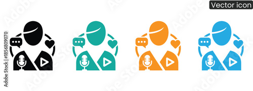 A set of vibrant vector icons depicting people engaging with media symbols, perfect for use in digital communication and social media contexts