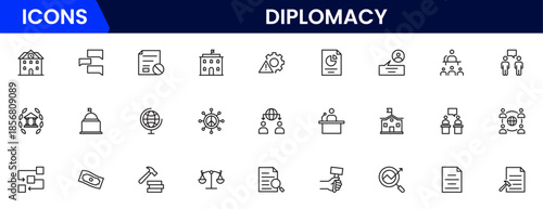 The diplomacy outline icon set comprises spoken and written communication, leaders, diplomats, the international system, and foreign policy. 