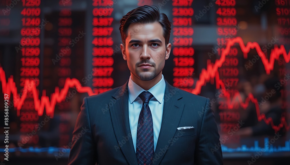 Fototapeta premium Serious Mature Businessman in Suit Standing Against Red Stock Market Crash Display, Financial Crisis Concept Showing Economic Downturn Capital Loss Global Recession and Investment Stress Impact.