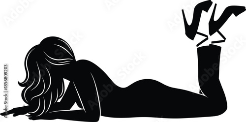 Flat vector silhouette woman lying relaxed, high heels, wavy hair, casual pose, black illustration, minimal design, fashion lifestyle concept