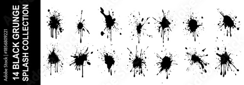Splashes, drops, a set of black grunge blots. Set of raster icons of liquid elements