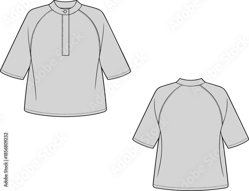 Casual grey three-quarter sleeve raglan top for women, comfortable loose fit shirt vector technical sketch