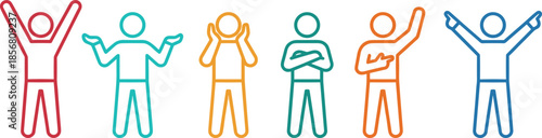 Multi Colored Outline Stick Figures Expressing Various Emotions and Body Language Gestures Including Celebration Confusion Surprise Defiance and Success on White Background