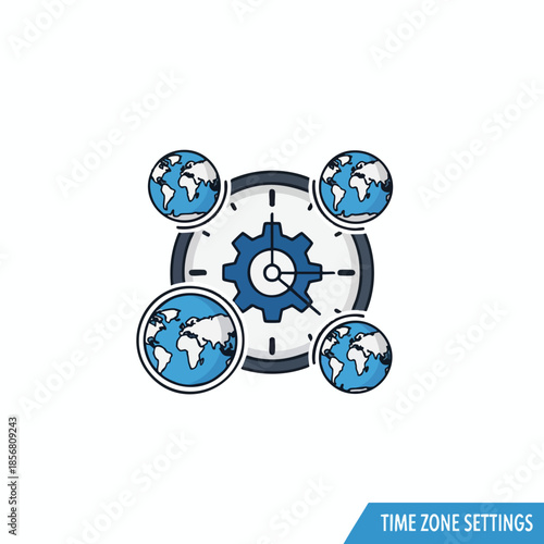 Icon shows clock with gear, surrounded by globes. Blue and white, clean design
