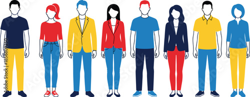 Flat Vector Illustration Of Diverse People Group Standing Together Wearing Colorful Casual And Business Outfits For Teamwork Community And Human Resources (22 words)