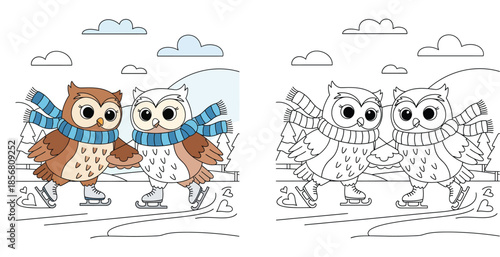 Cute owl couple ice skating together holding wings, vector cartoon illustration with black and white coloring book outline.