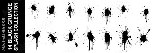 Splashes, drops, a set of black grunge blots. Set of raster icons of liquid elements