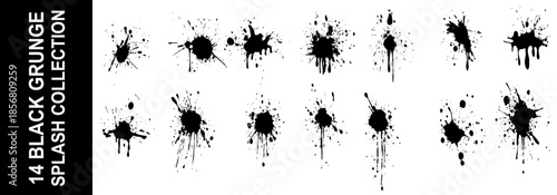 Splashes, drops, a set of black grunge blots. Set of raster icons of liquid elements