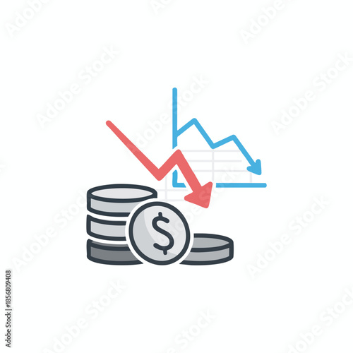A graphic showing money, coins, and a graph indicating financial decline