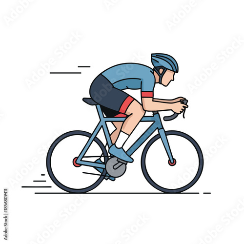 Cartoon of a cyclist in blue kit riding a road bike with motion lines