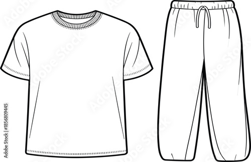 White cotton T-shirt and joggers loungewear set for men, casual sports outfit technical vector sketch