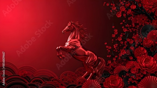 A rearing horse in a dynamic pose with red flowers and fans in the background for a chinese new year or festive concept